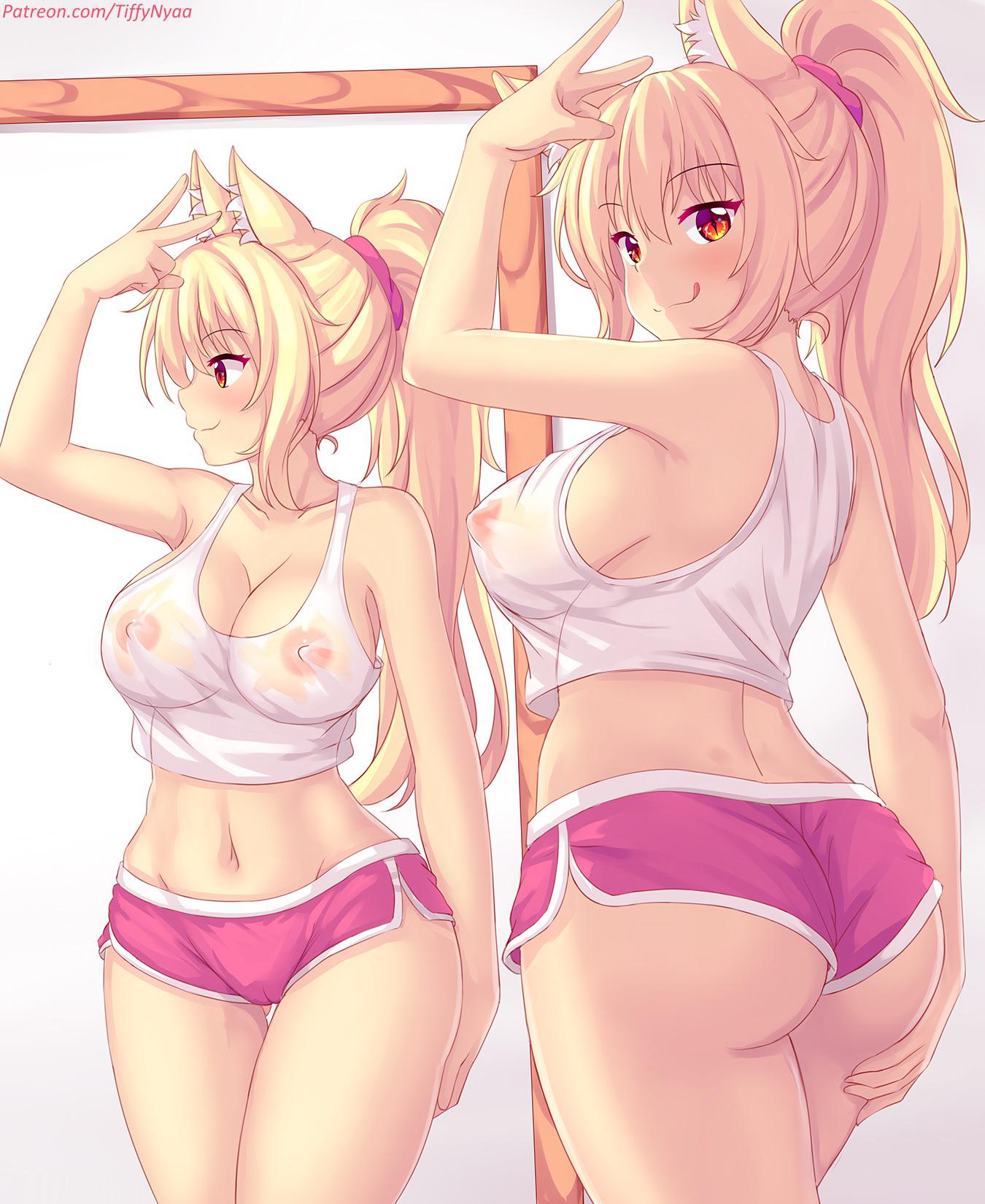 :3, areolae, ass, ass grab, blonde hair, blush, breasts, cat ears, cat girl, catgirl, clothing, female, large breasts, long hair, nipples, orange eyes, ponytail, see-through, short shorts, smile, thighs, tiffy, tiffynyaa, tongue, tongue out, v