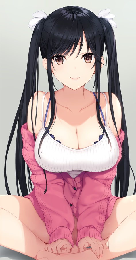 1girls, bangs, bare legs, bare shoulders, barefoot, black hair, blue bra, bra, breasts, brown eyes, cleavage, clothes down, female, hair ribbon, izuki tasuku, large breasts, long hair, long sleeves, looking at viewer, original, pink sweater, ribbon, sidelocks, simple background, sitting indian style, smile, strap, sweater, swept bangs, thighs, twintails, underwear, very long hair