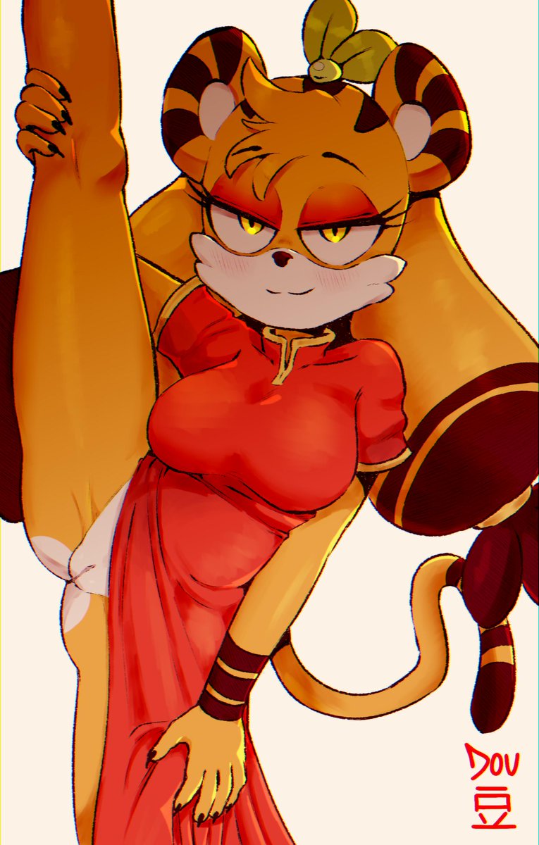 1girls, anthro, breasts, busty, china dress, chinese clothes, dou (diives), feline, female, female focus, female only, fur, furry, leg lift, leg up, no panties, peonymami, pussy, tiger, vertical splits, xingzuo temple, yellow eyes