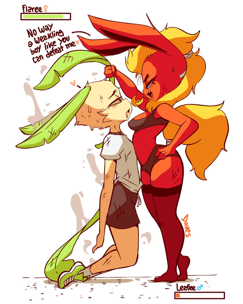 1boy, 1girls, anthro, boobs, bra, breasts, burnt clothes, dialogue, diives, female, femdom, flareon, fur, furry, game freak, gym uniform, leafeon, male, nintendo, panties, pokemon, pokemon (species), red fur, sweat, text, underwear