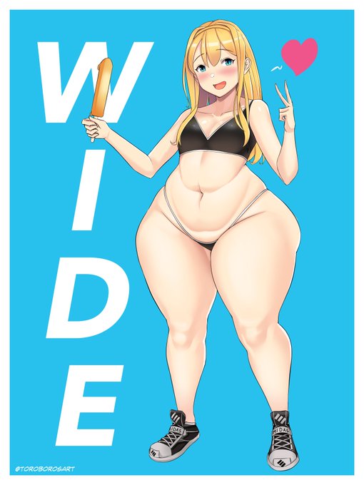 1girls, artist name, bbw, bikini, blonde hair, blue background, blue eyes, bottom heavy, breasts, chubby, eye contact, fan, female, food, french braid, full body, gesture, green eyes, hair band, half-closed eyes, heart, highleg, highleg panties, hyper, hyper hips, ice cream, innuendo, knees, long hair, looking at viewer, navel, popsicle, shoes, shortstack, small breasts, sneakers, solo, spoken heart, text, thick thighs, thong, toroboro, v, wide hips