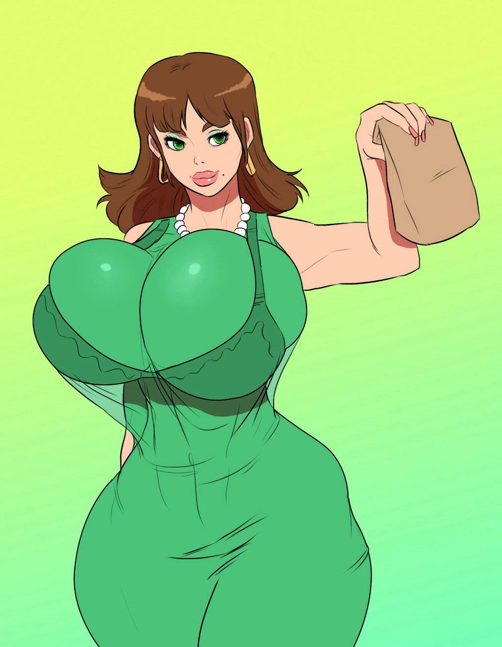 1girls, alternate version available, arm up, armpit, ass, beauty mark, bimbo, breasts, breasts bigger than head, brunette, cameltoe, cleavage, curvy, erect nipples, fast food, female, female only, gigantic breasts, green clothing, green dress, green eyes, green eyeshadow, holding bag, holding object, huge areolae, huge ass, jay-marvel, jimmy neutron boy genius, judy neutron, mature female, milf, nickelodeon, nipples, puffy nipples, pussy, short hair, simple background, straight hair, thick lips, thick thighs, voluptuous, white female, wide hips