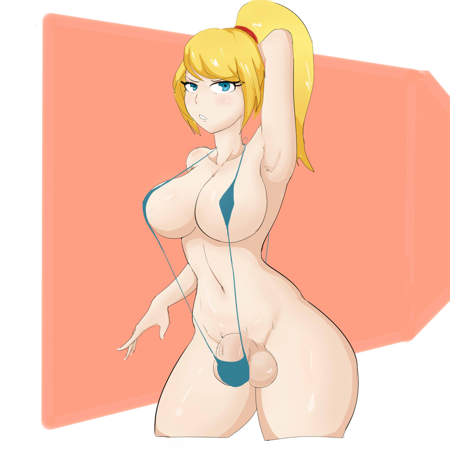 1futa, 2019, angry, armpit, armpits, arms up, balls, balls in panties, bikini, bimbo, blonde hair, blue eyes, color, female, futa only, futanari, g3mma, hair, hairband, intersex, long hair, looking at viewer, metroid, micro bikini, nintendo, open mouth, penis, penis under clothes, samus aran, simple background, solo focus, thick thighs, wide hips