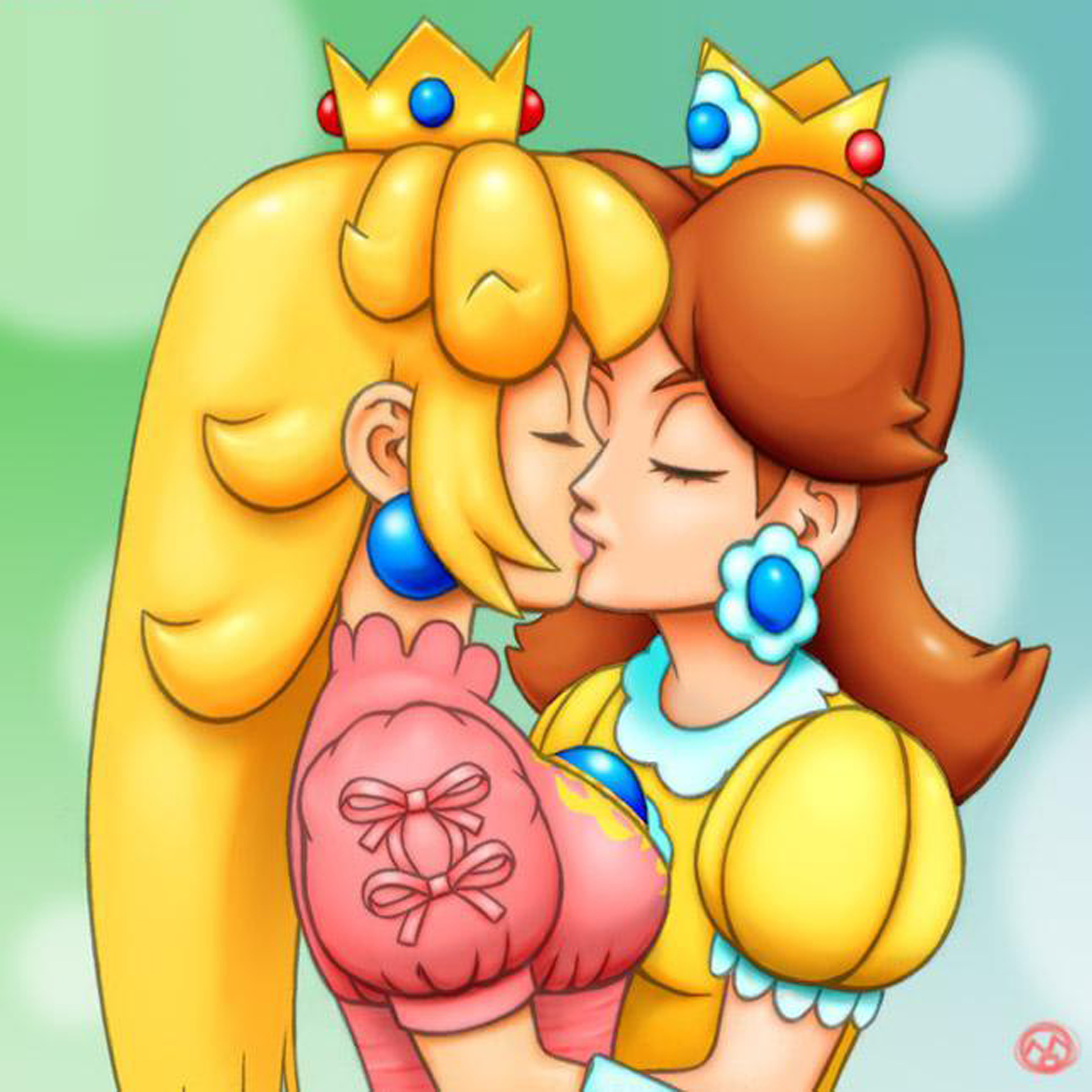 2girls, blonde hair, breasts, brooch, brown hair, closed eyes, clothed, clothing, crown, dress, earrings, female, female only, flower earrings, gloves, holding, jewelry, kissing, lips, lipstick, long hair, mario (series), multiple females, multiple girls, nintendo, pink dress, princekratos34, princess daisy, princess peach, ribbon, royalty, shoulder length hair, side view, simple background, yellow dress, yuri