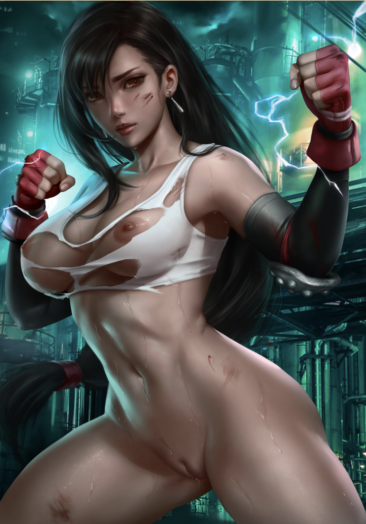 1girls, blood, breasts, breasts out, female, female only, final fantasy, final fantasy vii, large breasts, logan cure, navel, no bra, no panties, partially clothed, pussy, ripped clothes, ripped clothing, shaved pussy, solo, sweat, tifa lockhart, uncensored, wet, wet pussy