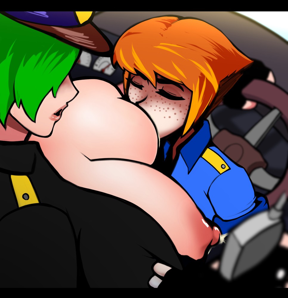 2girls, avis (strangehero), breast sucking, breastfeeding, breasts, curvy, drinking, drinking milk, female, freckles, freckles on face, ginger, ginger hair, green hair, huge breasts, milf, multiple females, multiple girls, nipple sucking, nipples, older female and younger female, orange hair, short hair, strangehero, suckling, uniform, younger female, yuri
