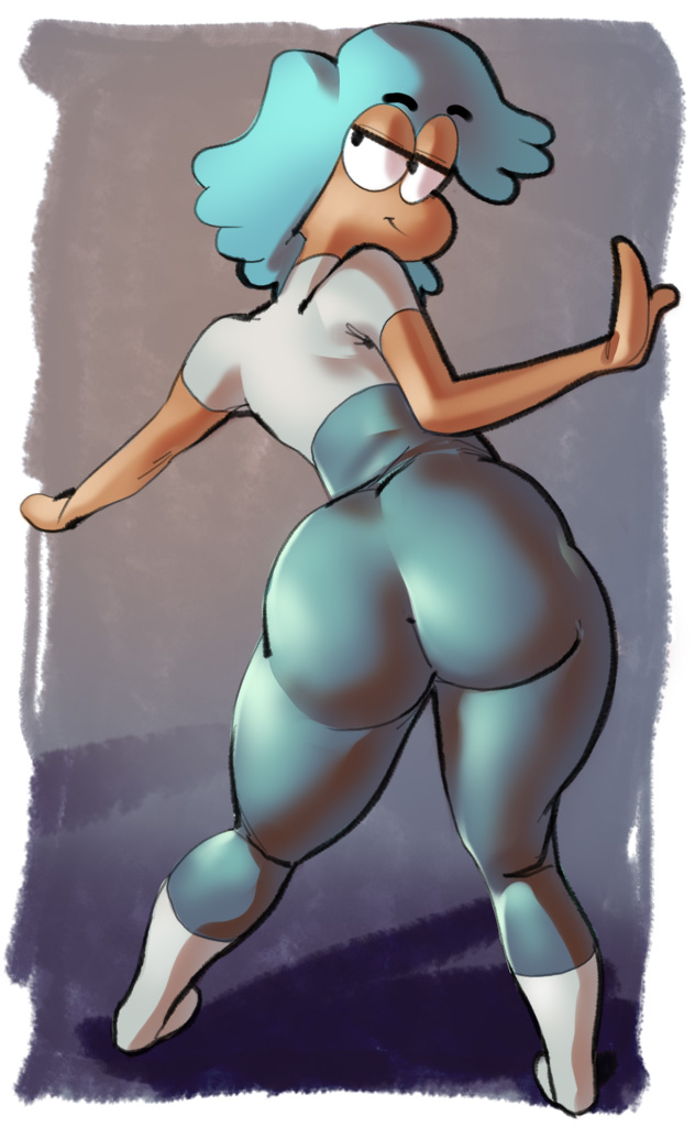 ass, bedroom eyes, blue hair, boots, cartoon network, female, flight attendant, flight attendant (the amazing world of gumball), full body, looking at viewer, looking back, orange skin, ph, pose, presenting, skin tight, solo, standing, the amazing world of gumball