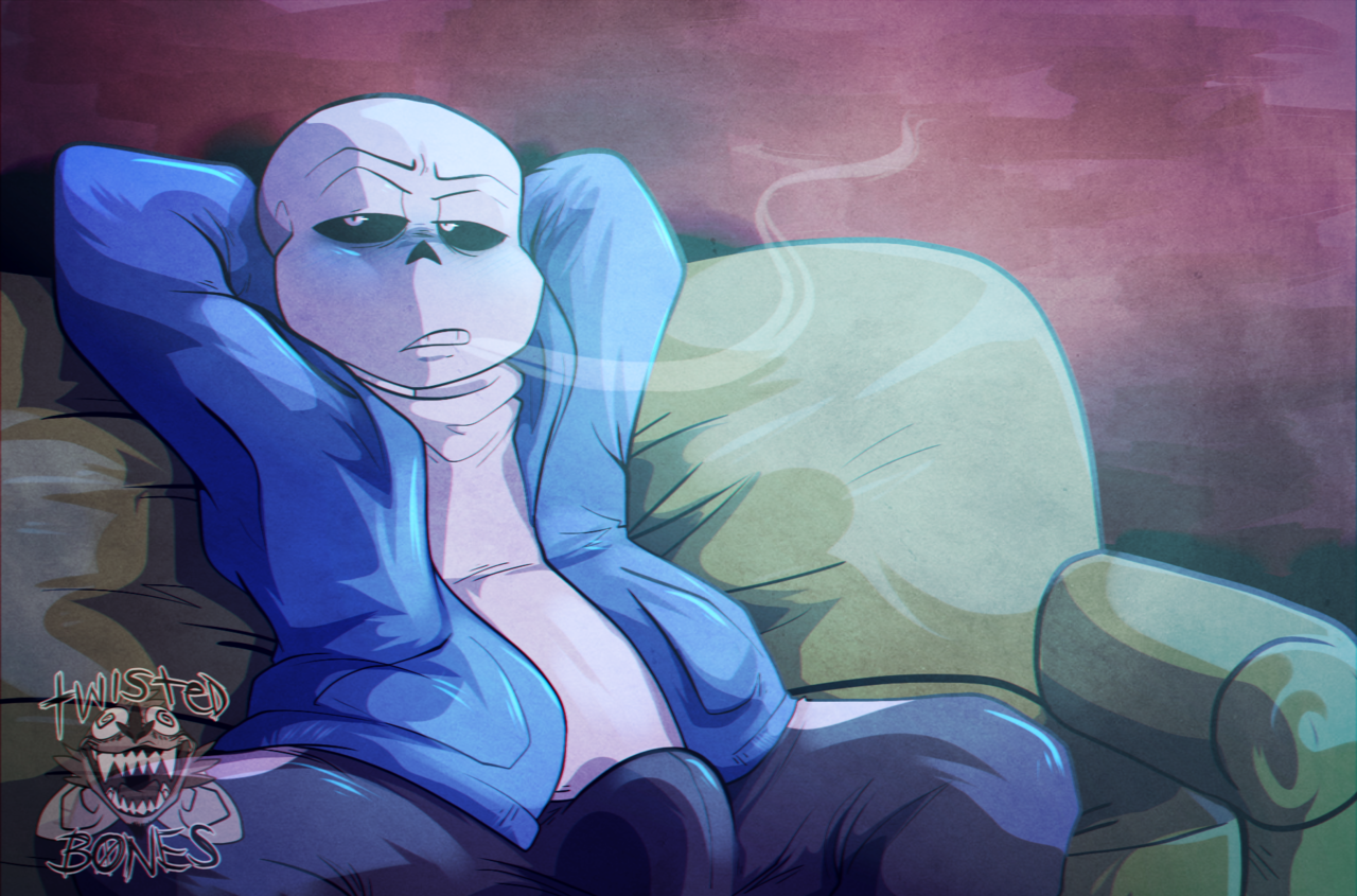 big bulge, blush, bulge, chubby, couch, hand on head, lizherubones, male, male only, sans, sitting down, skeleton, undertale