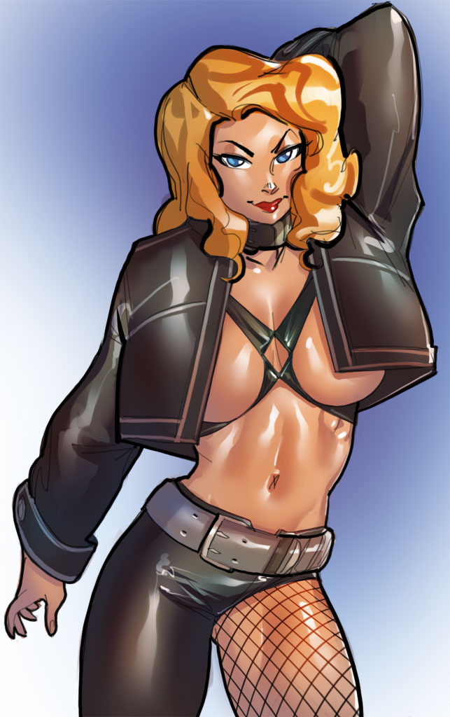 1girls, arm behind head, black canary, blonde hair, breasts, convenient censoring, cropped jacket, dc, dc comics, dinah lance, female, female only, gradient background, green arrow (series), latex, medium breasts, ph, shiny skin, solo
