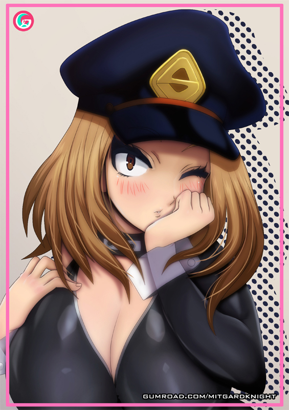 1girls big_breasts blonde_hair blush blushing camie_utsushimi female female_only hero_outfit_(mha) long_hair looking_at_viewer mitgard-knight my_hero_academia one_eye_closed shiketsu_high_school_cap solo solo_female solo_focus wrist_cuffs