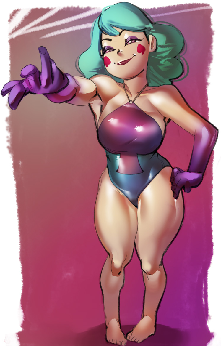 1girls, barefoot, big breasts, breasts, disney, disney channel, disney xd, eclipsa butterfly, female, female only, full body, green hair, half-closed eyes, latex, leotard, light skin, light-skinned female, long hair, looking at viewer, medium hair, pale skin, pale-skinned female, ph, pose, reaching out, shiny, simple background, smile, solo, standing, star vs the forces of evil, thick thighs, thighs, white female