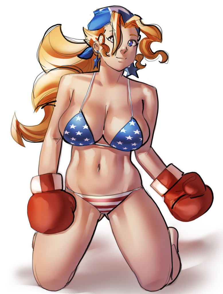 1girls american_flag american_flag_bikini bandana big_breasts bikini blonde_hair blue_eyes boxing_gloves breasts capcom cleavage earrings female female_only flag_bikini front_view gloves kneeling large_breasts long_hair on_knees ph red_boxing_gloves red_gloves rival_schools smile solo star_earrings swimsuit thick thick_thighs thighs tiffany_lords white_background wide_hips