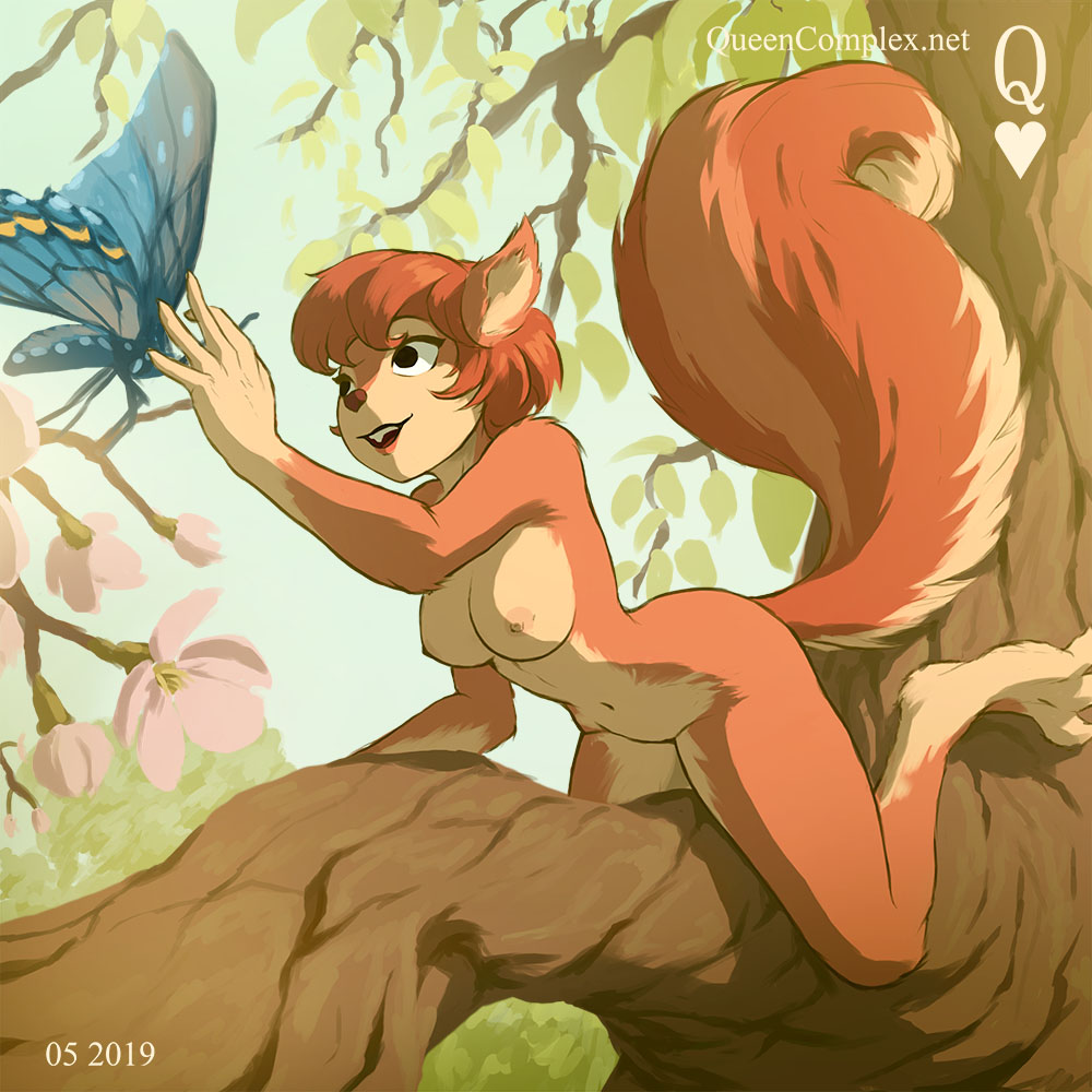 breasts, butterfly, female, furry, heart, oc, original, pinup, queencomplex, squirrel, teeth, tree