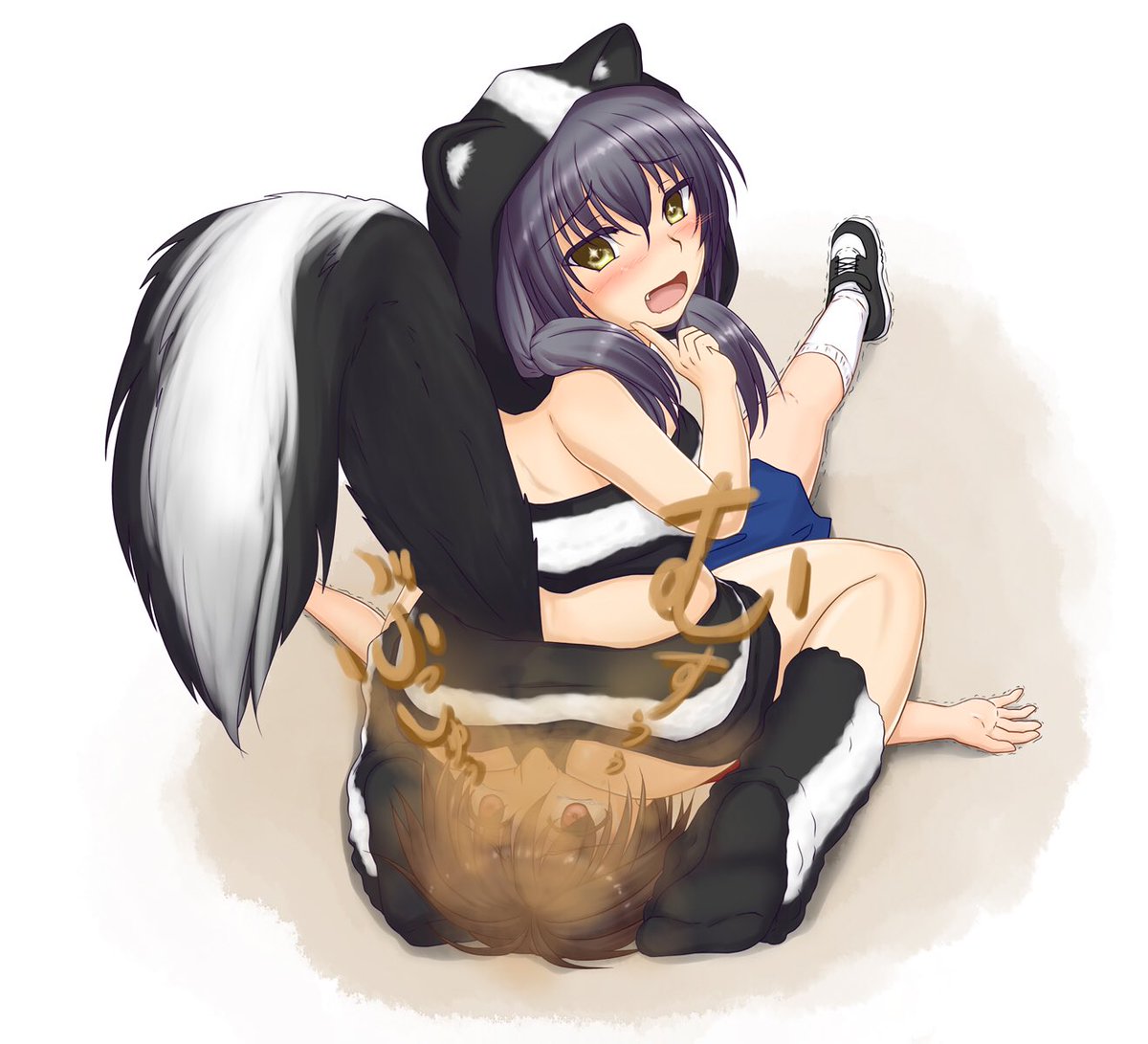 1boy 1girls aroused blush brother brother_and_sister clothed cute cute_fang facefart facesitting fart fart_cloud fart_fetish farting farting_in_face happy looking_at_another looking_back panties shinzanmono_(shinzanmono108) sister sitting sitting_on_face skunk skunk_girl smile thick_legs thick_thighs torture torturing