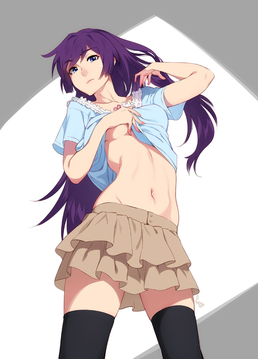 1girls cowboy_shot feguimel female lifting long_hair midriff monogatari_(series) navel purple_hair senjougahara_hitagi skirt solo underboob