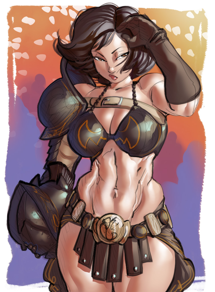 1girls, 5 fingers, abstract background, armor, asian, asian female, athletic, batgirl, batgirl (cassandra cain), batman (series), black hair, breasts, brown eyes, cassandra cain, cleavage, clothed female, color, colored, cowboy shot, dark hair, dc, dc comics, facing viewer, female, female focus, female only, gloves, holding object, human, human only, light skin, light-skinned female, looking at viewer, medium breasts, medium hair, navel, ph, shoulder pad, simple background, sketch, solo, solo female, solo focus, superheroine, toned, toned female, uncensored, warrior