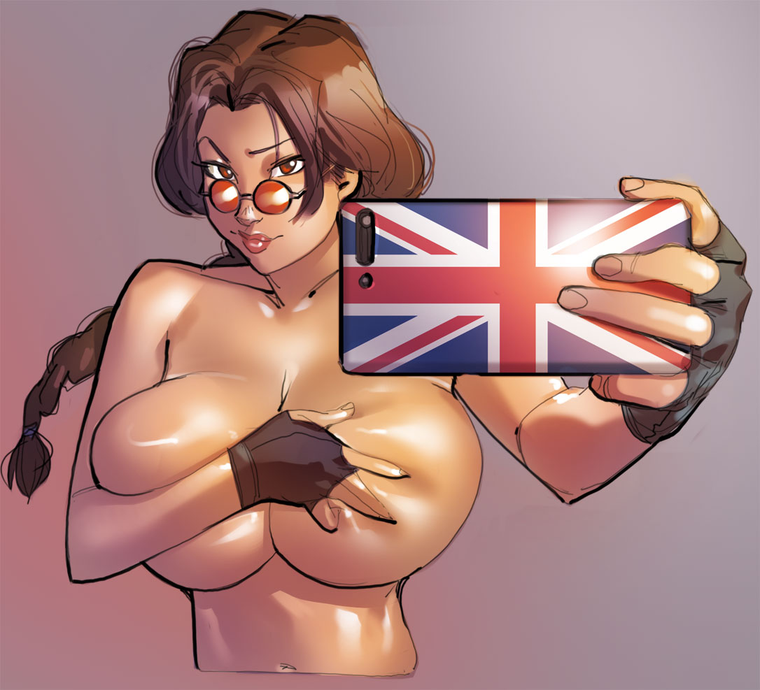 11:10 1girls big_breasts black_gloves breast_grab breasts brown_hair brown_hair_female bust busty cellphone cellphone_camera cellphone_picture covered_nipples covering covering_breasts covering_nipples female female_only fingerless_gloves flag flag_print glistening_shoulders glistening_skin gloves gradient_background hand_on_breasts highres holding_cellphone holding_phone huge_breasts lara_croft lara_croft_(classic) large_breasts lips long_brown_hair long_hair_female looking_at_viewer looking_over_eyewear looking_over_glasses no_bra orange_eyes ph phone ponytail red-tinted_eyewear selfie shiny_breasts shiny_hair shiny_skin smartphone solo sunglasses taking_picture tinted_eyewear tomb_raider topless union_jack united_kingdom_flag voluptuous