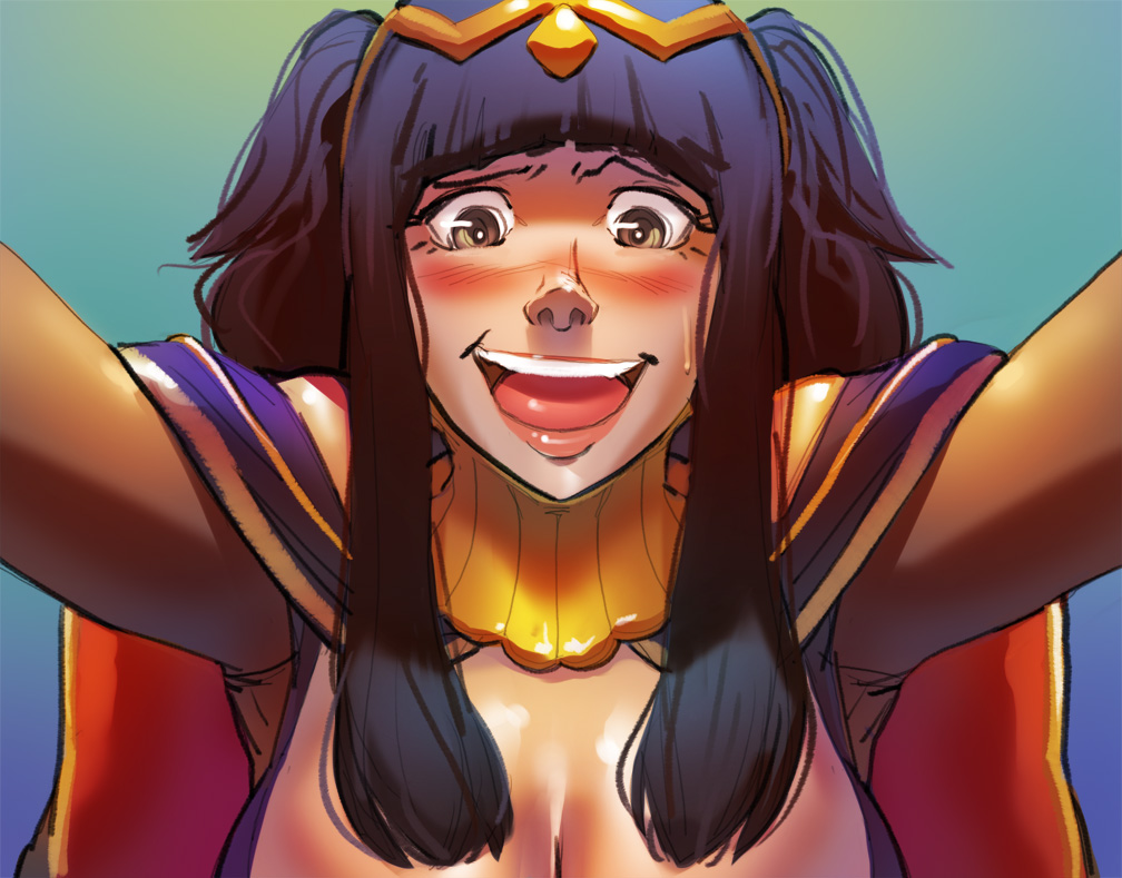 blush bodystocking cleavage female fire_emblem fire_emblem_awakening grin looking_at_viewer ph portrait solo tharja_(fire_emblem)
