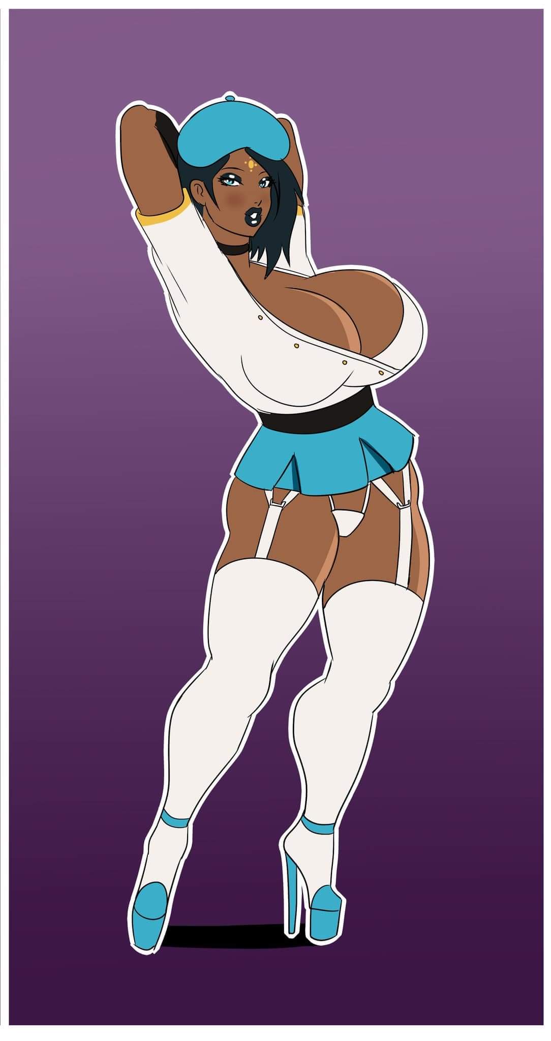 1girls, annon, big breasts, bimbo, blue hair, blue lips, breasts, ciel soleil, cleavage, dark skin, dark-skinned female, eyeshadow, female, garter straps, high heels, huge breasts, lipstick, looking at viewer, makeup, rwby, short hair, solo, tagme, thick thighs, voluptuous