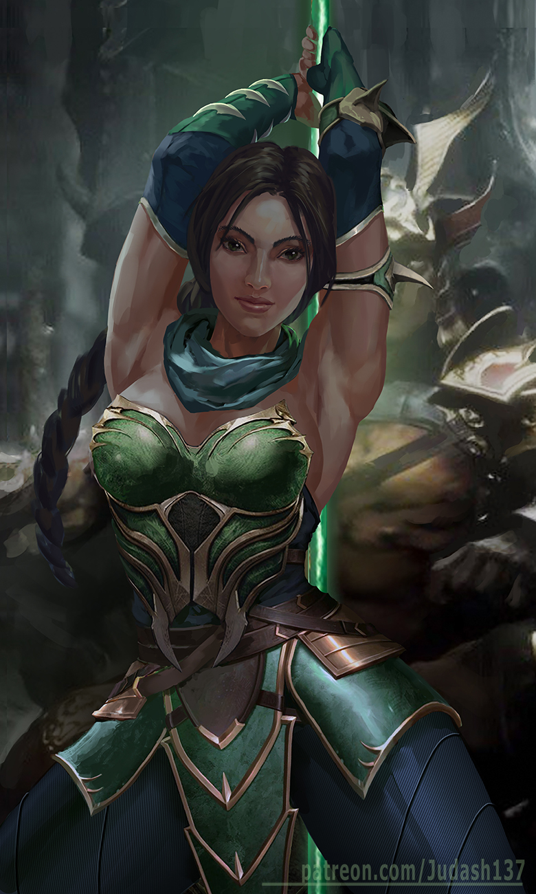 2d armor armored_dress armpits arms_up bare_arms bare_shoulders black_hair bracelet breasts cleavage clenched_hands closed_mouth collarbone dark_skin earrings fantasy female fighting_stance fingerless_gloves gloves green_eyes jade_(mortal_kombat) jewelry judash137 large_breasts long_hair looking_at_viewer magic mortal_kombat pleated_skirt ponytail skirt smile solo staff standing thighs toned very_long_hair weapon