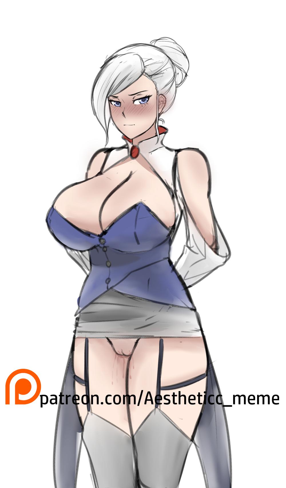 1girls, aestheticc-meme, big breasts, blue eyes, boots, breasts, busty, cleavage, female, huge breasts, large breasts, patreon, patreon username, pussy, pussy juice, rwby, sketch, url, voluptuous, white background, white hair, winter schnee