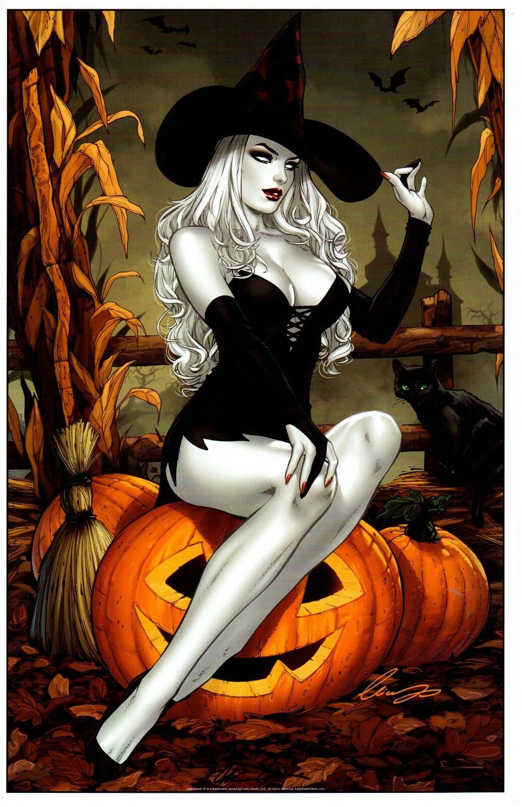 1girls autumn avatar_press big_breasts black_gloves black_leotard breasts busty chaos!_comics chaos_comics cleavage coffin_comics comic_cover elias_chatzoudis eye_contact eyeshadow female female_only fence field front_view gloves grey_skin halloween halloween_theme hat lady_death large_breasts leaves leotard lipstick long_hair looking_at_viewer makeup mascara nail_polish official_art pinup pumpkin pumpkins red_lips red_lipstick red_nail_polish red_nails shoes sitting smile smiling solo straw thighs white_hair white_skin witch_hat wooden_fence