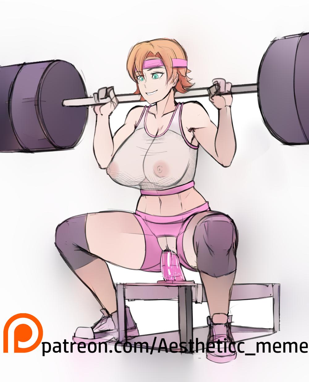 1girls, aestheticc-meme, areolae, barbell, big breasts, breasts, clothing, crotchless, dildo, dildo sitting, emerald eyes, exercise, female, full body, headband, huge breasts, human, large breasts, masturbation, multitasking, nora valkyrie, orange hair, pale skin, patreon, patreon username, pink shorts, pussy, rwby, see-through, see-through bra, sex toy, short hair, shorts, sketch, solo, sports bra, sportswear, spread legs, squatting, transparent clothing, url, vaginal, vaginal insertion, weightlifting, weights, white background, workout, workout clothes