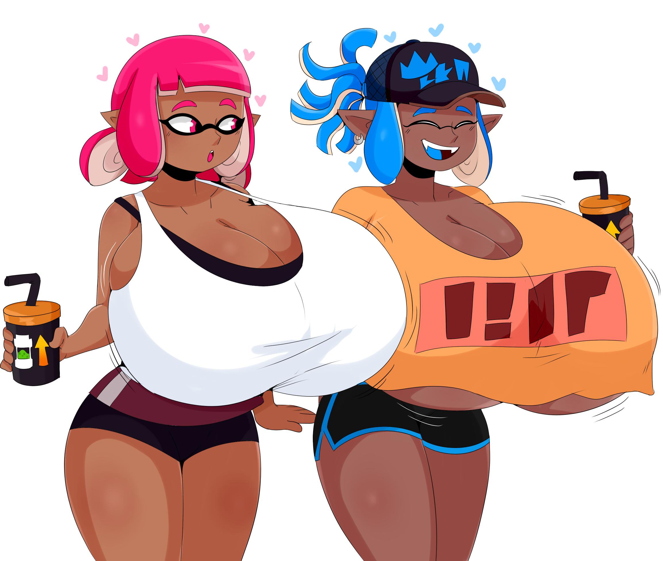 2girls, anthro, big breasts, blue hair, breast expansion, breast growth, breast growth (enlargement), breasts, cephalopod, cephalopod humanoid, closed eyes, clothing, dark skin, dark-skinned female, dolphin shorts, expansion, female, female only, hair, highres, huge breasts, humanoid, hyper, hyper breasts, inkling, inkling girl, jinu, large breasts, mask (marking), multiple females, multiple girls, nintendo, pink eyes, pink hair, pointy ears, shirt, shorts, splatoon, splatoon (series), splatoon 2, squid, surume (splatoon), tentacle, tentacle hair, thighs, underboob, video games