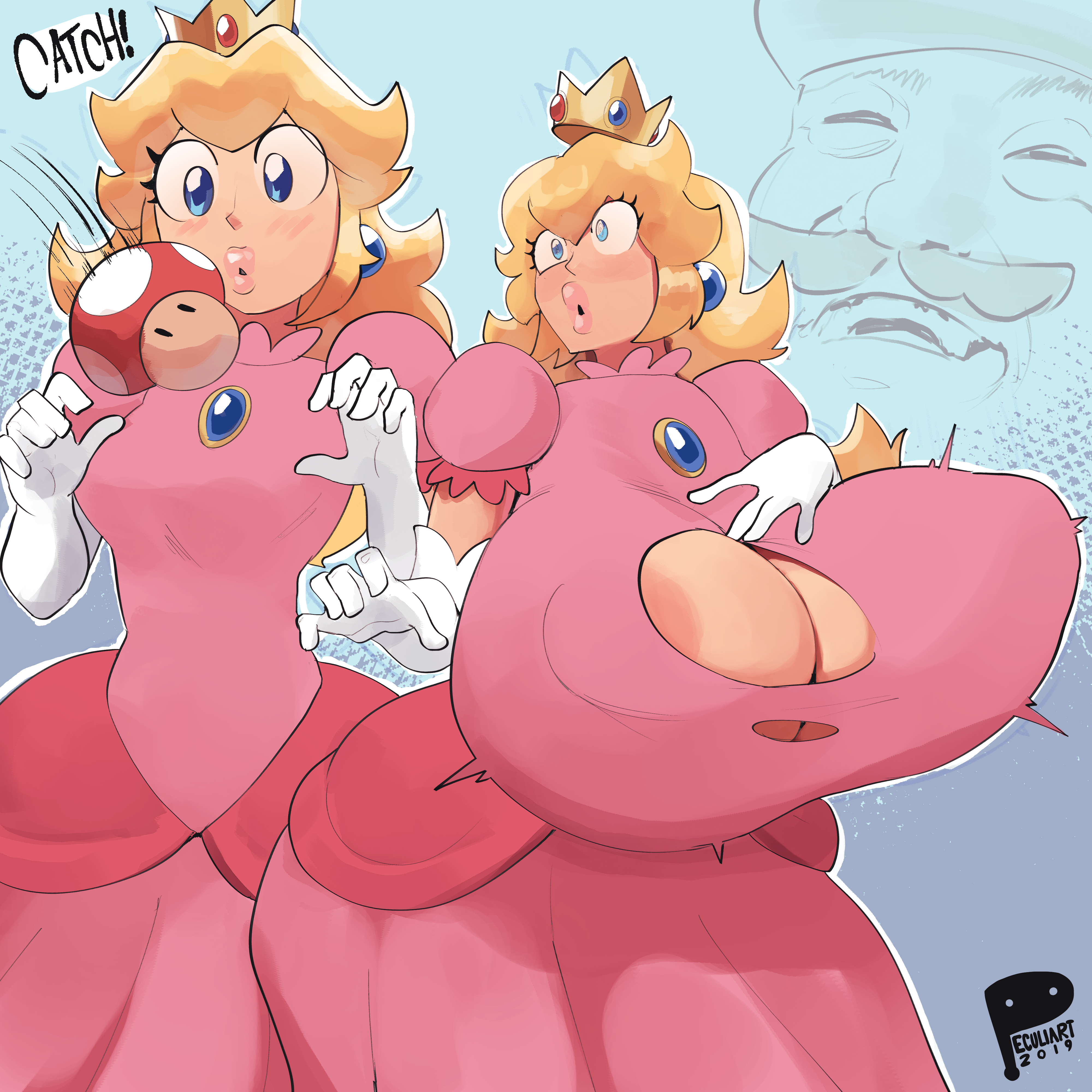 1girls, 2019, ahe gao, blonde hair, blue background, blue eyes, blush, breast expansion, breast growth, breast growth (enlargement), breasts, bursting breasts, cleavage, clothed, crown, dress, earrings, expansion, female, female focus, gloves, huge breasts, hyper breasts, laughing, long hair, mario, mario (series), moaning, mushroom, naughty face, nintendo, peculiart, prank, princess peach, seductive, small breasts, super mario bros., super mushroom, surprised, text, thick thighs, torn clothes, wardrobe malfunction, watermark, wide hips