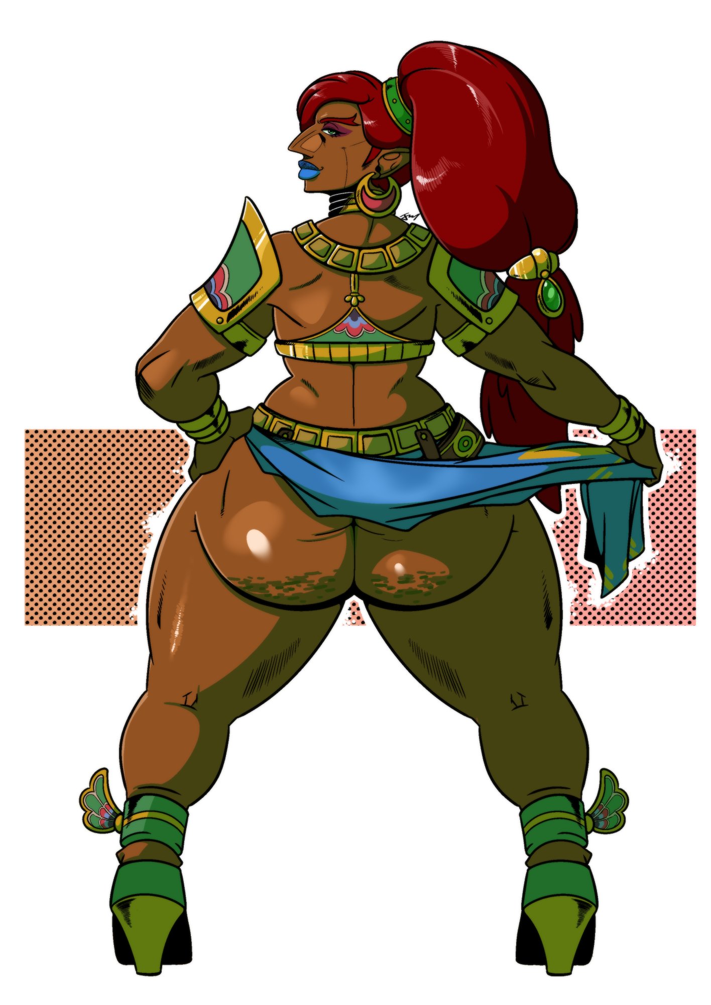 ass, big ass, breath of the wild, cellulite, commission, dress lift, female, gerudo, kingpantheraonca (artist), red hair, smirk, tagme, the legend of zelda, thick thighs, urbosa