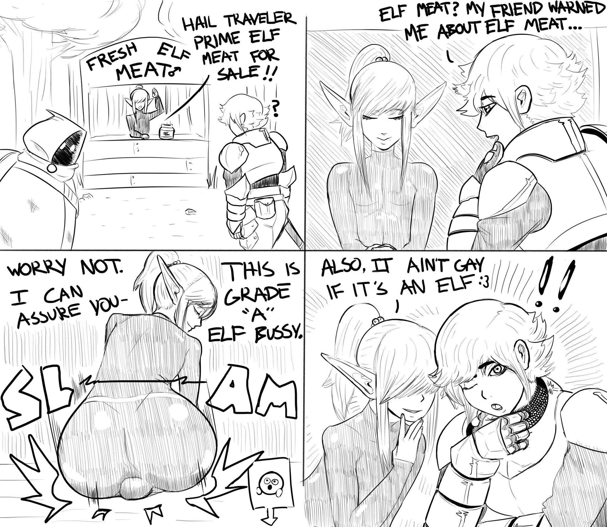 2019, 2boys, androgynous, armor, ass, axred7, backsack, balls, ballsack, elf, english text, femboy, girly, imminent sex, male, male only, monochrome, ponytail, prostitution, trap