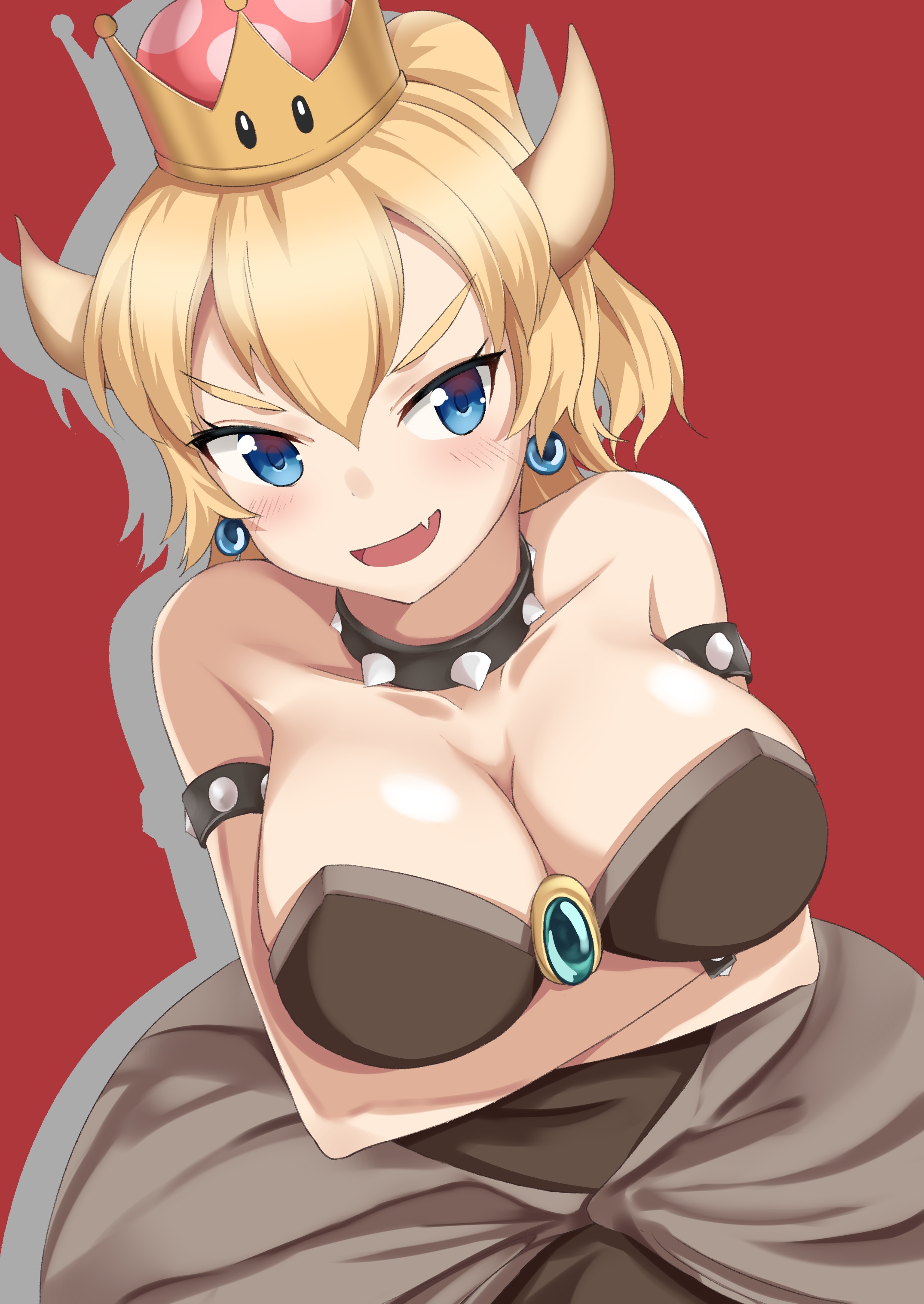 1girls, armlet, arms crossed, bare shoulders, big breasts, black dress, blonde hair, blue eyes, blush, bowsette, breasts, cleavage, collar, crown, dress, earrings, fangs, female, female only, genderswap, horns, large breasts, mario (series), new super mario bros. u deluxe, nintendo, open mouth, qwyte, rule 63, solo, spiked armlet, spiked collar, spikes