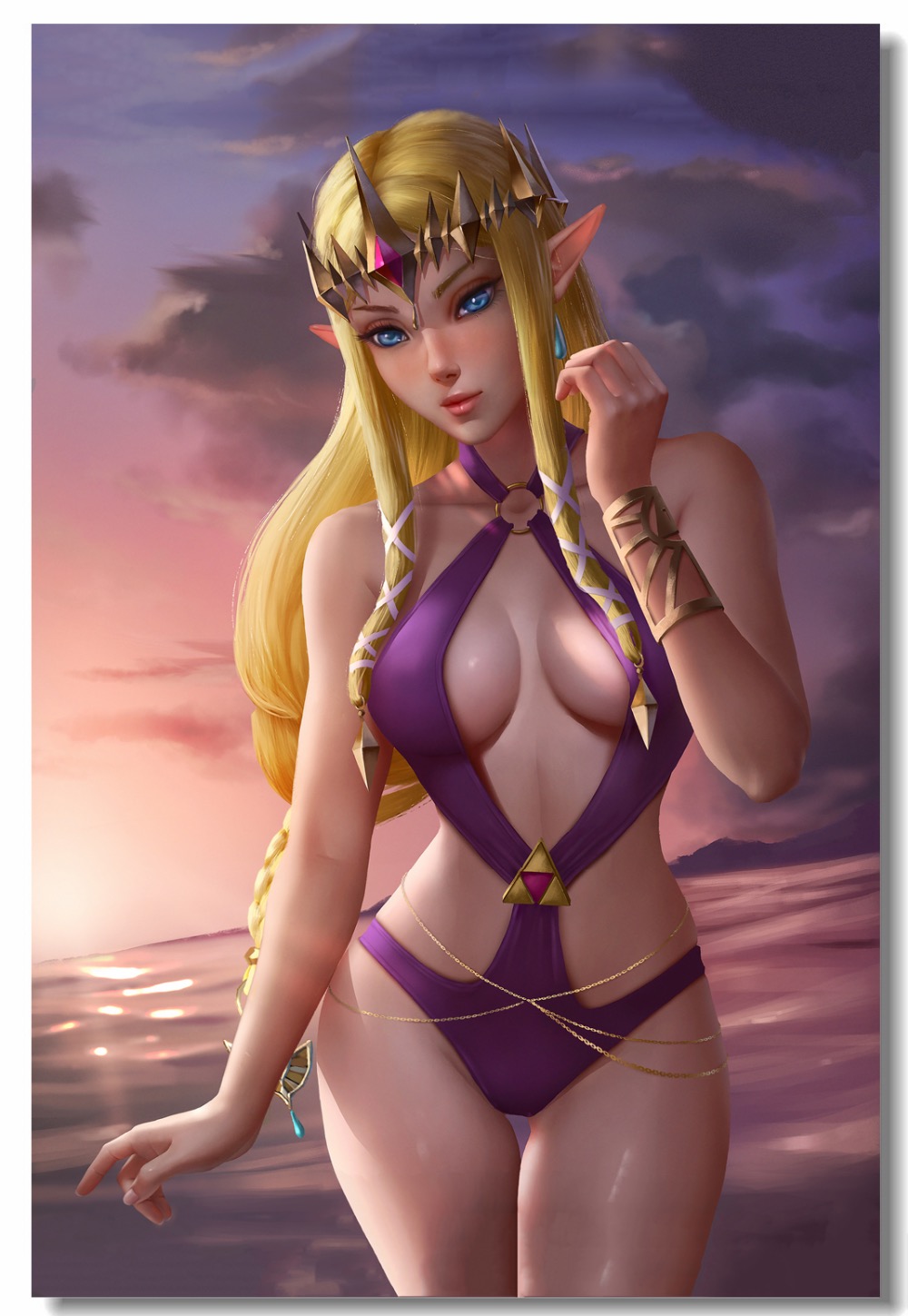 beach big_breasts bikini blonde_hair blue_hair blush breasts cleavage curvaceous curvy detailed_background earrings female hips hyrule_warriors jewelry logan_cure looking_back nintendo princess_zelda purple sling_bikini the_legend_of_zelda thick water wide_hips zelda_(hyrule_warriors)