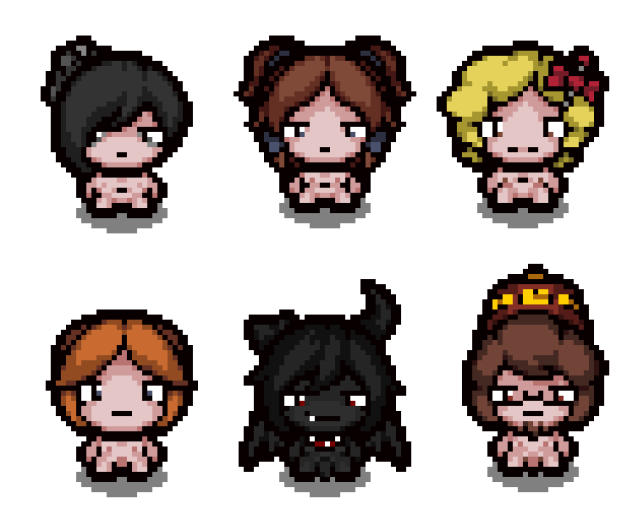 3boys 3girls azazel_(the_binding_of_isaac) bethany_(the_binding_of_isaac) blonde_hair bow breasts brown_hair dark_skin demon eve_(the_binding_of_isaac) expressionless female glasses horns judas_(the_binding_of_isaac) lazarus_(the_binding_of_isaac) magdalene_(the_binding_of_isaac) male nipples nude orange_hair penis short_hair sprite sprite_sheet the_binding_of_isaac white_background yazawa_akio