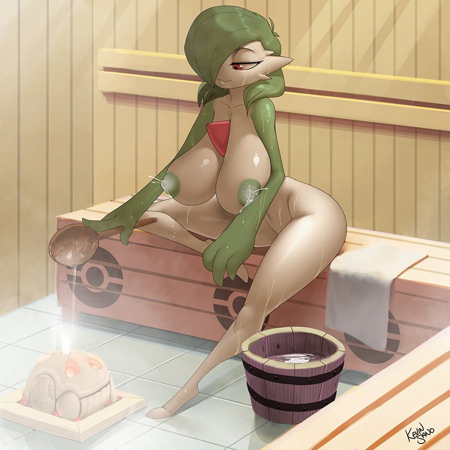 areolae, breast milk, breasts, collarbone, exotic colors, female, female gardevoir, gardevoir, green hair, green nipples, green skin, hair over one eye, half-closed eyes, huge breasts, indoors, kevinsano, lactating, lactation, lactation without expressing, large breasts, milk, nintendo, nipples, nude, pokémon (species), pokemon, pokemon (species), pokemon rse, red eyes, sauna, short hair, signature, sitting, solo, steam, sweat, text, torkoal, watermark, white skin, wide hips