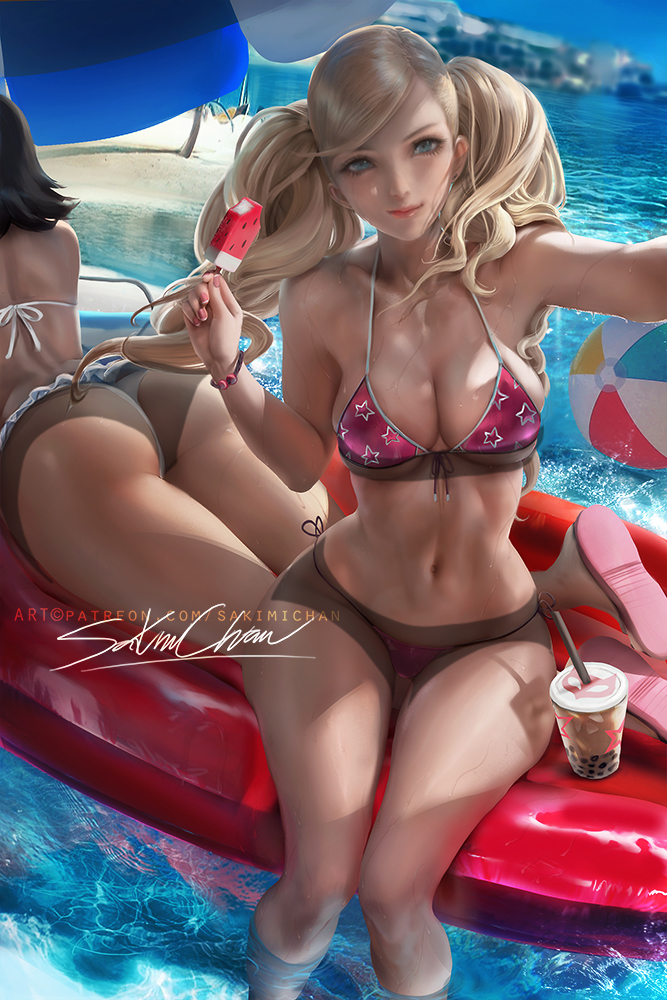 2girls, ann takamaki, armpits, ass, beach, beach ball, big ass, bikini, blonde hair, blue eyes, breasts, bubble tea, cleavage, clothed, curvaceous, drink, eye contact, female, female only, floating, half-closed eyes, head out of frame, hips, legs, looking at viewer, makoto niijima, ocean, outdoors, patreon, persona, persona 5, pool toy, sakimichan, sand, selfie, side-tie bikini, text, thick, thick thighs, water, watermark, wide hips
