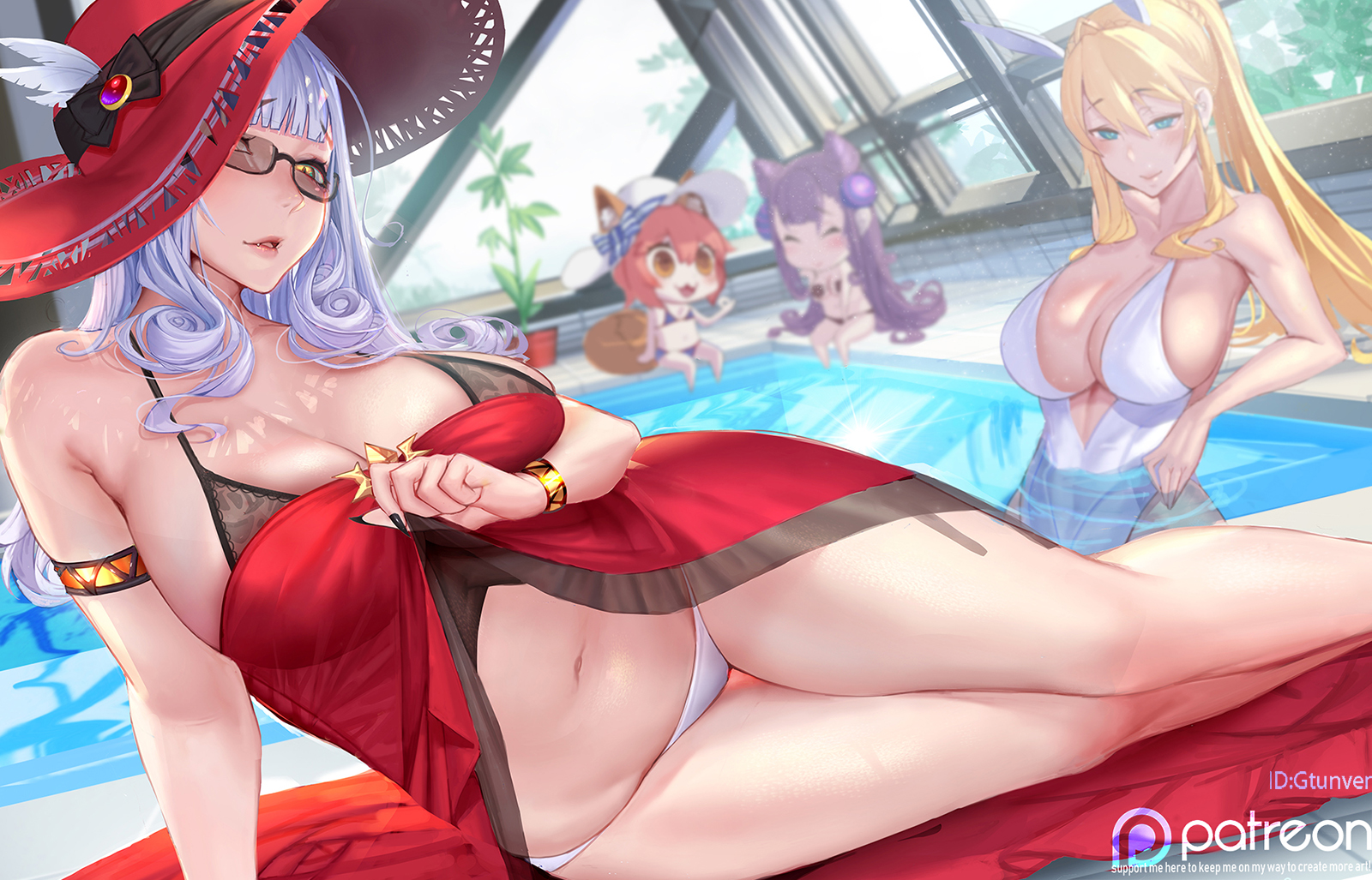 4girls, animal ears, armlet, artoria pendragon, artoria pendragon (swimsuit ruler), bangs, bare shoulders, blunt bangs, blush, bracelet, breasts, bunny ears, carmilla (fate), carmilla (swimsuit rider), chibi, chibi inset, cleavage, dress, fate (series), fate/grand order, female, green eyes, gtunver, hat, highres, jewelry, large breasts, long hair, looking at viewer, multiple females, multiple girls, murasaki shikibu (fate), nail polish, navel, one-piece swimsuit, open mouth, parted lips, ponytail, pool, red dress, revision, sidelocks, silver hair, smile, sun hat, sunglasses, swimsuit, tamamo no mae (fate), tamamo no mae (swimsuit lancer), that pool, thighs, tinted eyewear, white bikini bottom, white swimsuit, yellow eyes