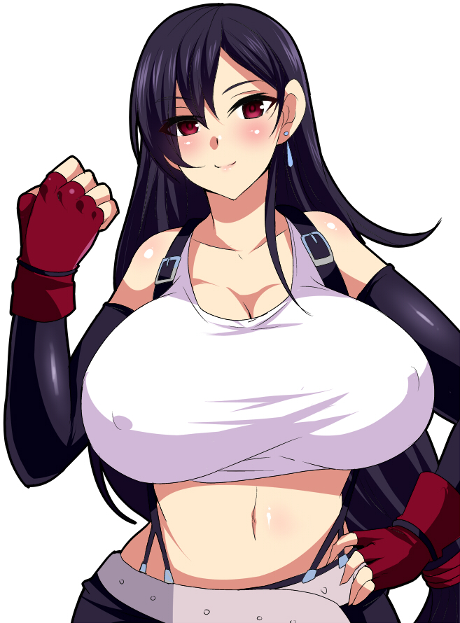 1girls bare_shoulders belt big_breasts black_hair breasts cleavage earrings elbow_gloves erect_nipples female female_only final_fantasy final_fantasy_vii fingerless_gloves gloves huge_breasts jewelry large_breasts long_hair low-tied_long_hair midriff navel nishida_megane red_eyes simple_background smile solo solo_female tied_hair tifa_lockhart top_heavy very_long_hair white_gloves