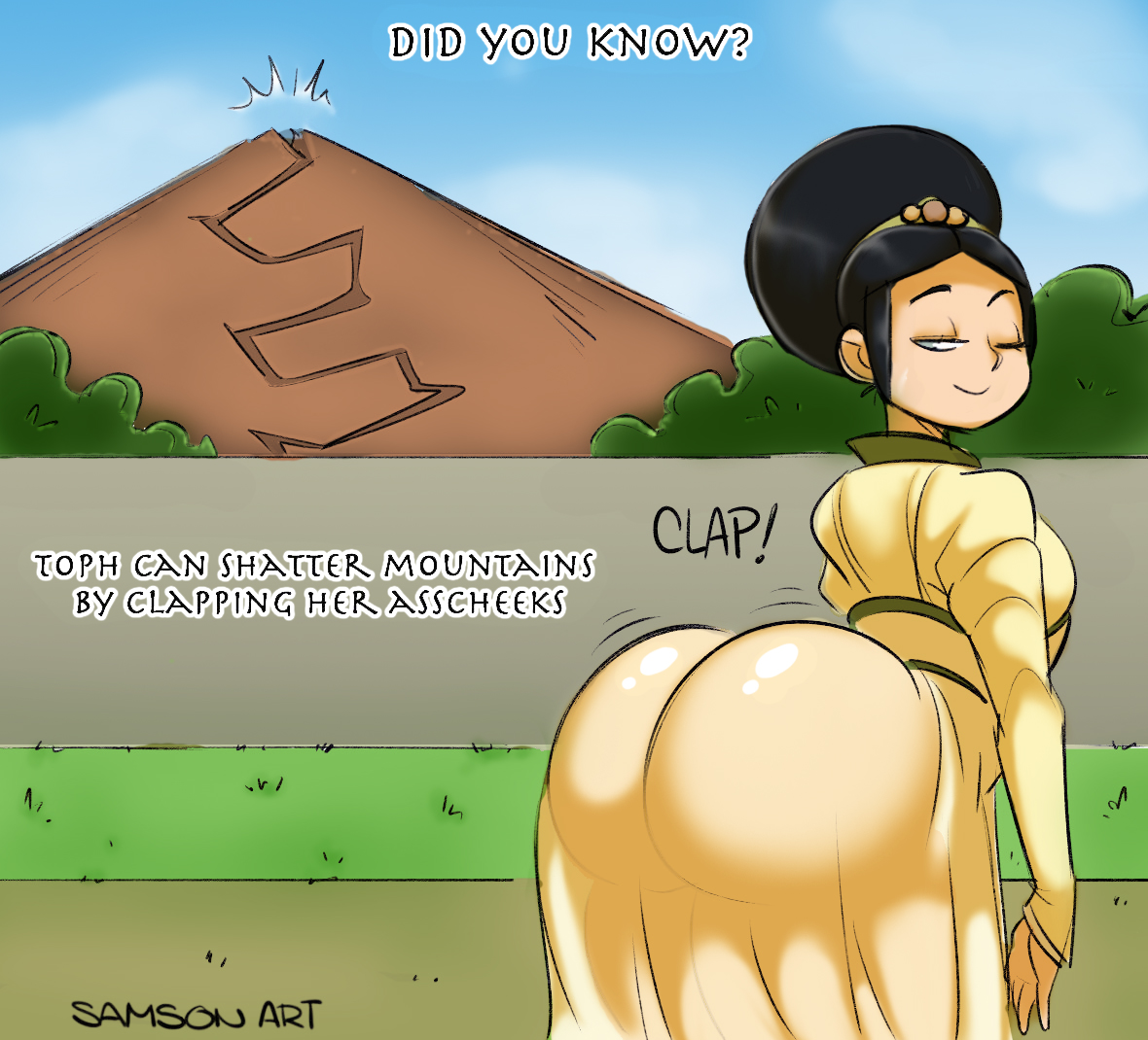 1girls, ass, ass bigger than head, ass clap, avatar the last airbender, blind, bottom heavy, breasts, bubble ass, bubble butt, clothed, clothing, comic, dark hair, dress, female, female only, half-closed eyes, huge ass, no panties, samson 00, small breasts, text, thick thighs, toph bei fong, transparent clothing, twerking, watermark, wide hips, wink