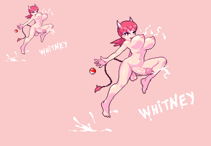 1futa alternate_breast_size big_breasts cum ejaculation futanari hard_pixels intersex milk milk_squirt noscium nude nude_futanari pink_eyes pink_hair pixel_art pokeball pokemon pokemon_gsc pokemon_masters testicles whitney_(pokemon)