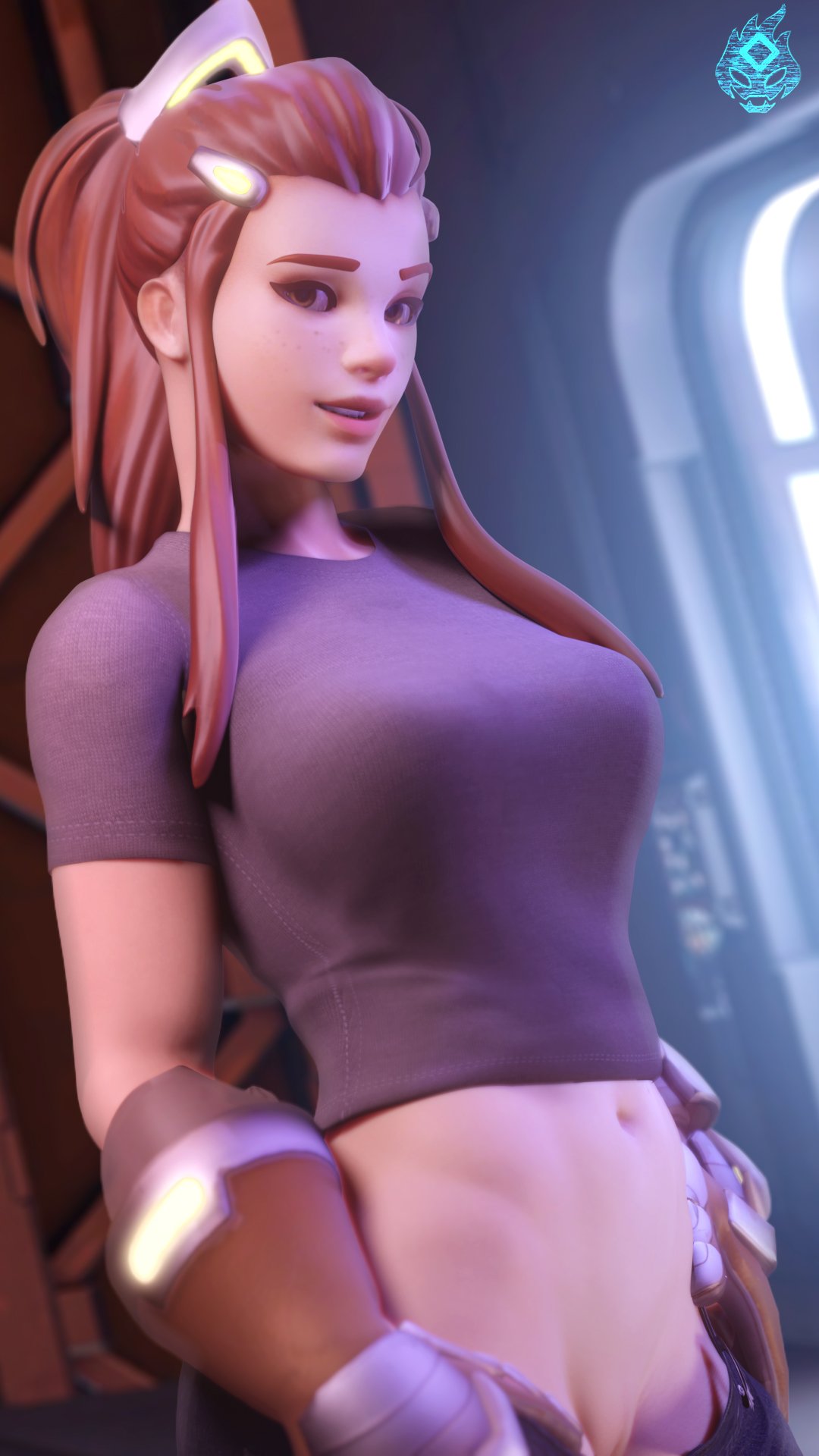 1girls, 3d, blender, bottomless, breasts, brigitte, cleavage, female, female only, freckles, its-gergless, looking at viewer, overwatch, pussy, solo, vagina