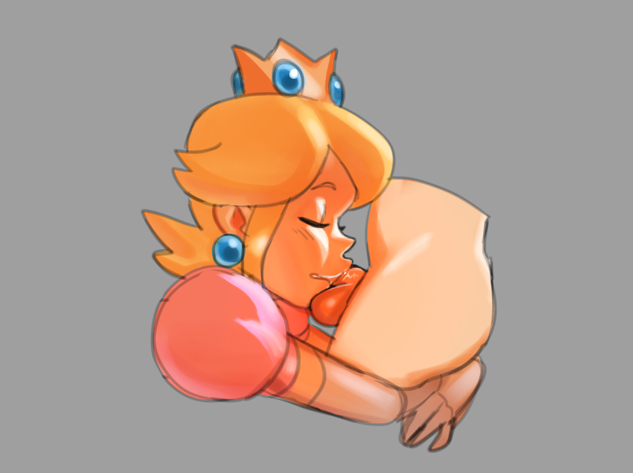1boy, 1girls, arms, balls, balls deep, blonde hair, blowjob, blushing, closed eyes, clothed female nude male, clothing, crown, cute, deepthroat, deepthroat hug, elbow gloves, fellatio, female, gloves, hands, hug, hugging legs, male, mario (series), nintendo, nose, nude, oral, oral sex, pale skin, penis, playing partner like bagpipes, princess, princess peach, saliva, testicles, thirnz, video game, wrapped hands, yellow hair