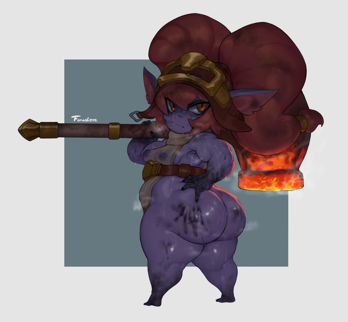 1girls areolae ass blacksmith_poppy breasts female female_only forastero handprint handprint_on_ass huge_ass league_of_legends looking_at_viewer looking_back medieval_series muscles muscular muscular_female nipples poppy riot_games shortstack solo thick_thighs twintails yordle