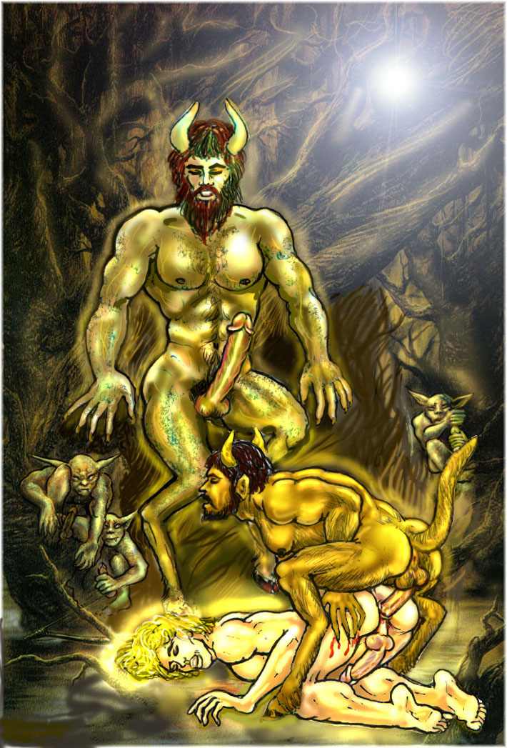 anal_penetration anal_sex anus_peek audience bad_anatomy beard being_watched blonde_hair blood boner brown_hair deity erect_nipples erection eyes_closed face_down_ass_up facial_hair fictional_interracial forest full_moon gay glow goblin goblin_male gold_skin green_skin holding_penis horns_and_hooves huge_cock human large_penis long_penis male male/male male_on_male male_only multiple_males multiple_penises muscular night nude nude_male penis penis_size_difference pointed_ears satyr scratches sex size_difference tail thrusting_into_ass ynal