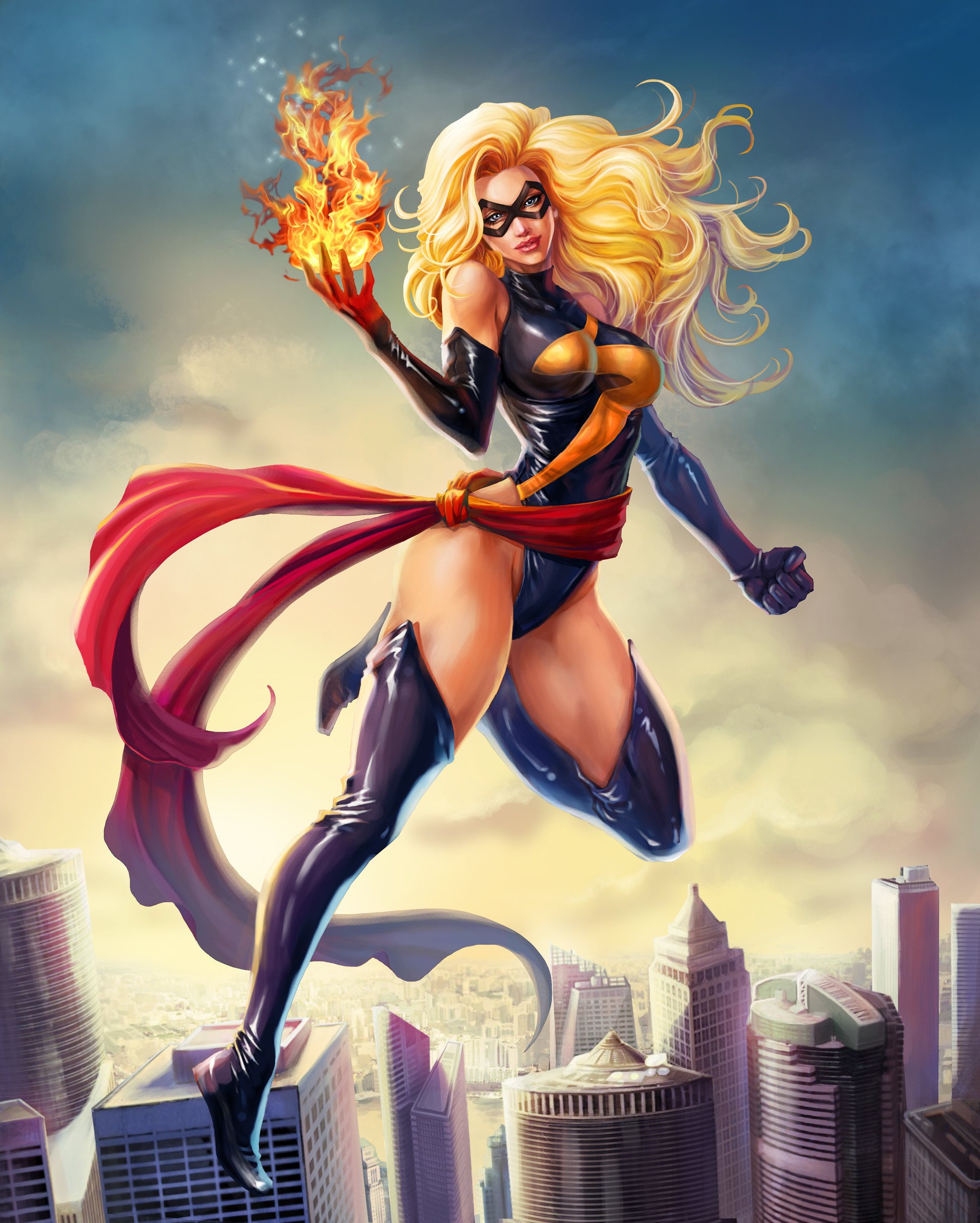 blonde hair, breasts, carol danvers, cityscape, domino mask, female, highres, large breasts, leotard, marvel, marvel comics, ms. marvel, ms. marvel (carol danvers), sash, sky, tom trang