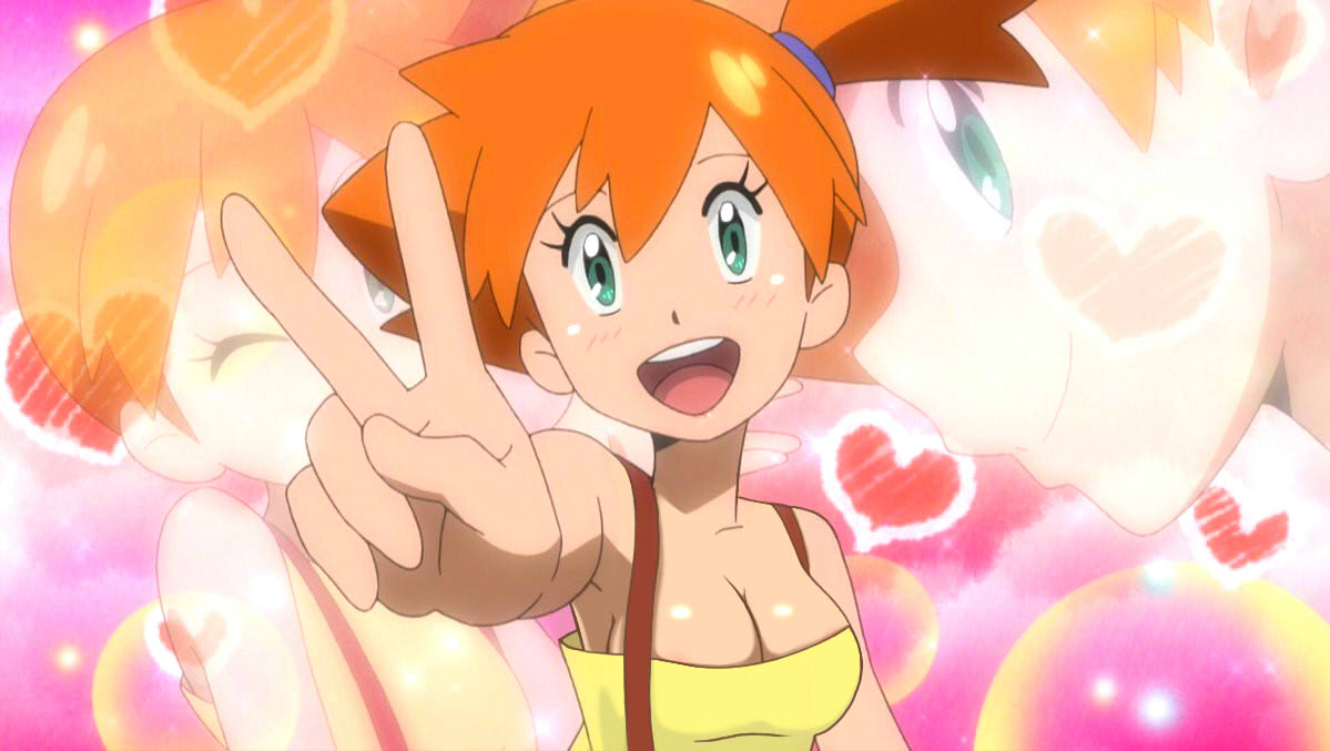 1girls, alternate breast size, big breasts, breasts, female, green eyes, human, human only, kasumi (pokemon), nintendo, pokemon, pokemon rgby, red hair, smile, v