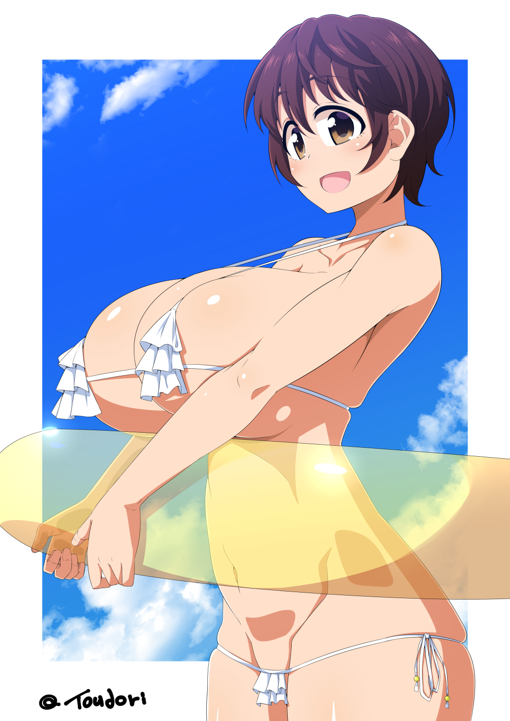 bikini, breasts, brown hair, female, huge breasts, idolmaster, idolmaster cinderella girls, micro bikini, oikawa shizuku, outdoors, short hair, smile, sun, toudori