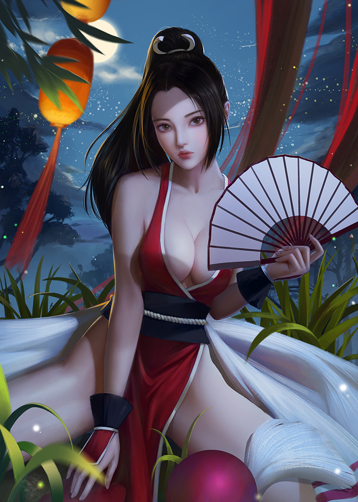 1girls, arm guards, big breasts, black hair, breasts, brown eyes, busty, cleavage, curvaceous, curvy, dress, fan, fatal fury, female, female only, grass, holding fan, human, king of fighters, large breasts, legs spread, long hair, mai shiranui, pink lips, pinup, ponytail, qianyu mo, red dress, sitting, snk, solo, spread legs, thighs, voluptuous