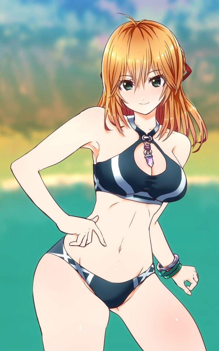 1girls, ahoge, armpits, bikini, black bikini, blonde hair, blush, bracelet, breasts, cleavage, contrapposto, eyebrows visible through hair, female, fiora (xenoblade), green eyes, hair between eyes, highres, jewelry, looking at viewer, medium breasts, navel, nintendo, orange hair, red ribbon, ribbon, smile, solo female, swimsuit, tavnbut, xenoblade (series), xenoblade chronicles