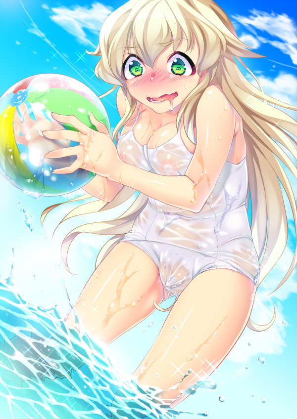 ball bare_arms bare_legs bare_shoulders beachball blue_sky blush breasts cleavage cowboy_shot day dripping drooling female furrowed_eyebrows green_eyes holding holding_beachball long_hair menophilia menstruation minamoto nose_blush one-piece_swimsuit open_mouth original outdoors platinum_blonde_hair school_swimsuit shiny shiny_skin sky solo swimsuit tampon textless transparent wading wavy_mouth white_school_swimsuit white_swimsuit